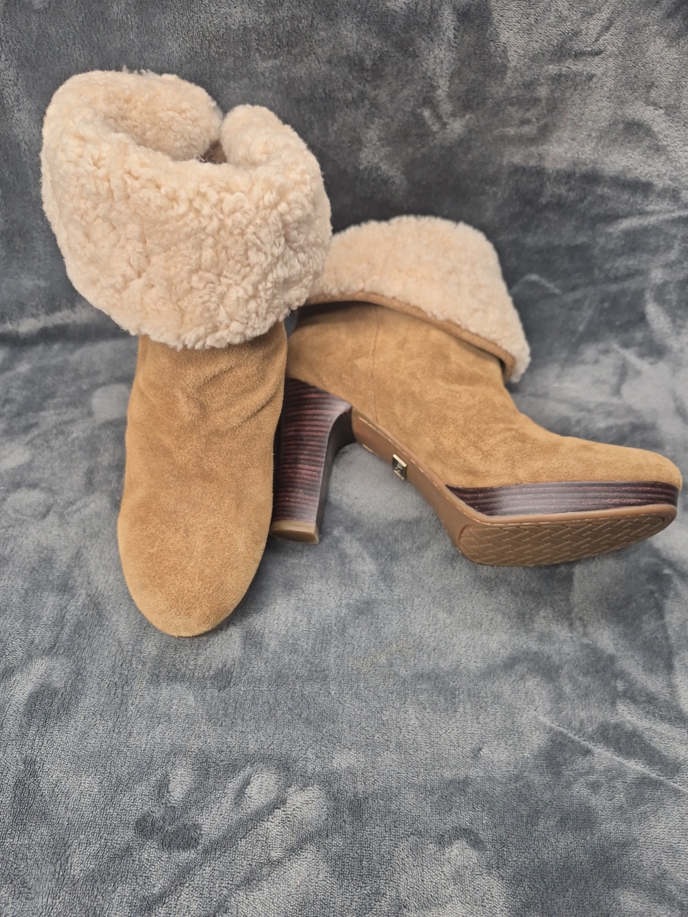 UGG Dandylion Heeled Ankle Booties Sheepskin Fur Trim Womens Size 8.5 Chestnut